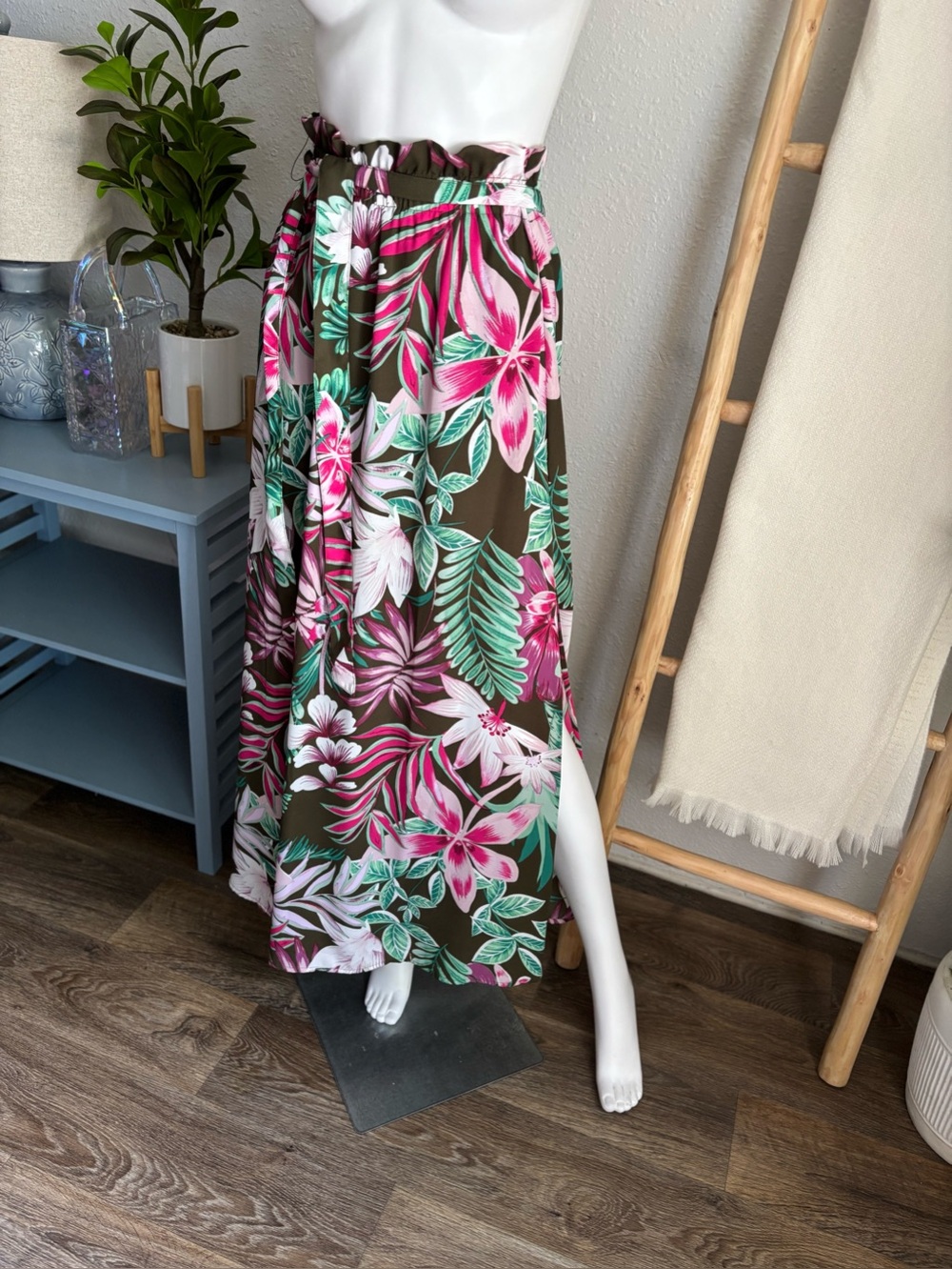 New York & Company Olive Floral Maxi Skirt with Pink & Teal accents
